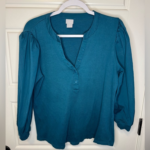 Chico’s Teal Rib Knit Woven 3/4 Puff Sleeve Top, size 2 (Large) - Picture 3 of 9